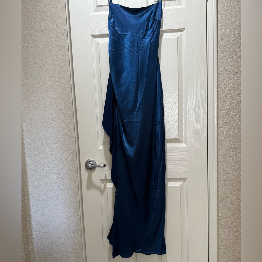 Navy blue satin leg slit maxi dress by Saints & Secrets in size medium.